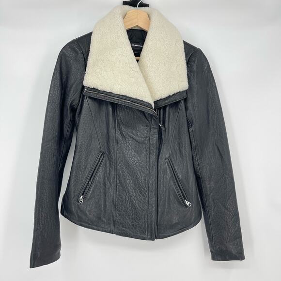 MACKAGE | Black Lambskin Leather Shearling Moto Aviator Jacket XXS - Picture 2 of 16